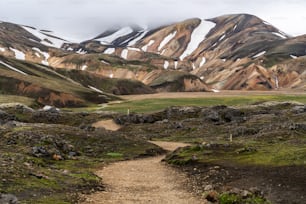 Beautiful Landmanalaugar gravel dust road way on highland of Iceland, Europe. Muddy tough terrain for extreme 4WD 4x4 vehicle. Landmanalaugar landscape is famous for nature trekking and hiking.