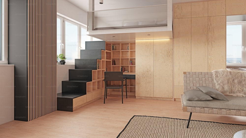 Concepto de diseño de apartamento compacto. Renderizado interior 3D