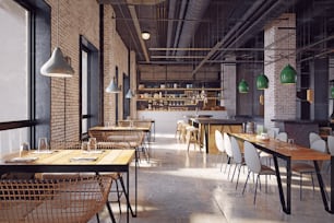 Concepto moderno de diseño de interiores de restaurantes. Renderizado 3D