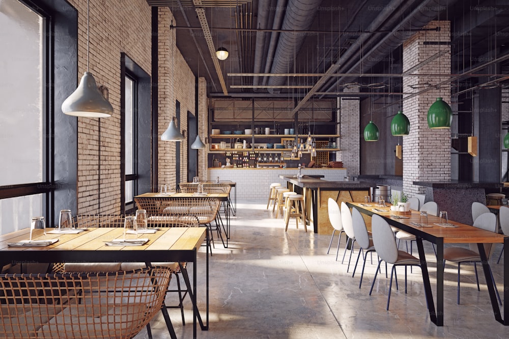 conceito moderno de design de interiores de restaurantes. Renderização 3D