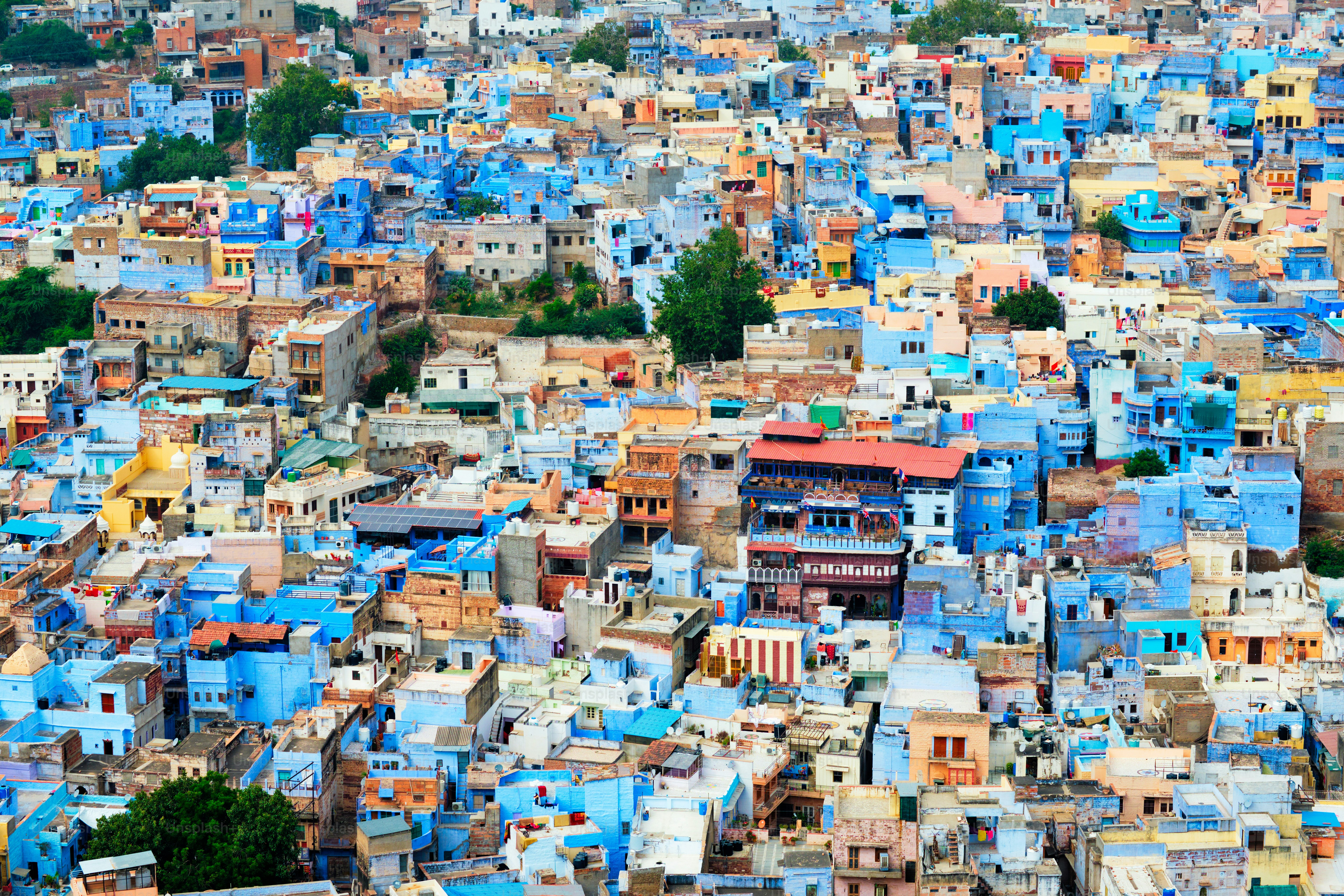 Aerial view of Jodhpur, also known as Blue City due to the vivid blue-painted Brahmin houses around Mehrangarh Fort. Jodphur, Rajasthan, India
