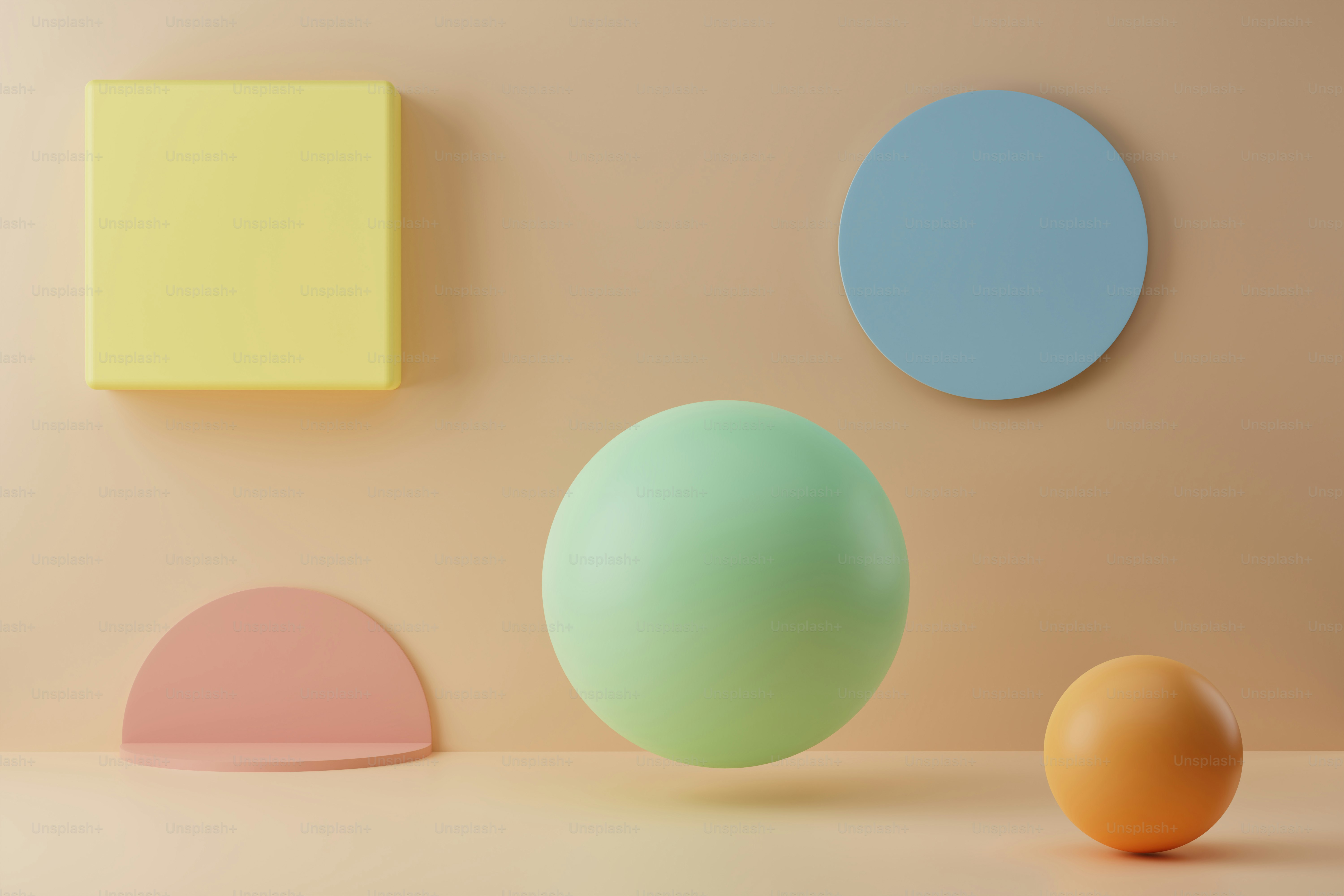 Verschiedene bunte geometrische Figuren auf beigem Pastellhintergrund, 3D-Illustration. Minimaler abstrakter Hintergrund. 3D-Rendering mit Blasen und Podium