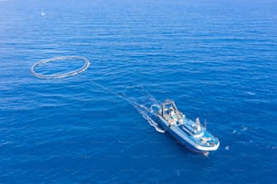 Fishing boat with special equipment for fishing, fish frame sails in the Mediterranean sea
