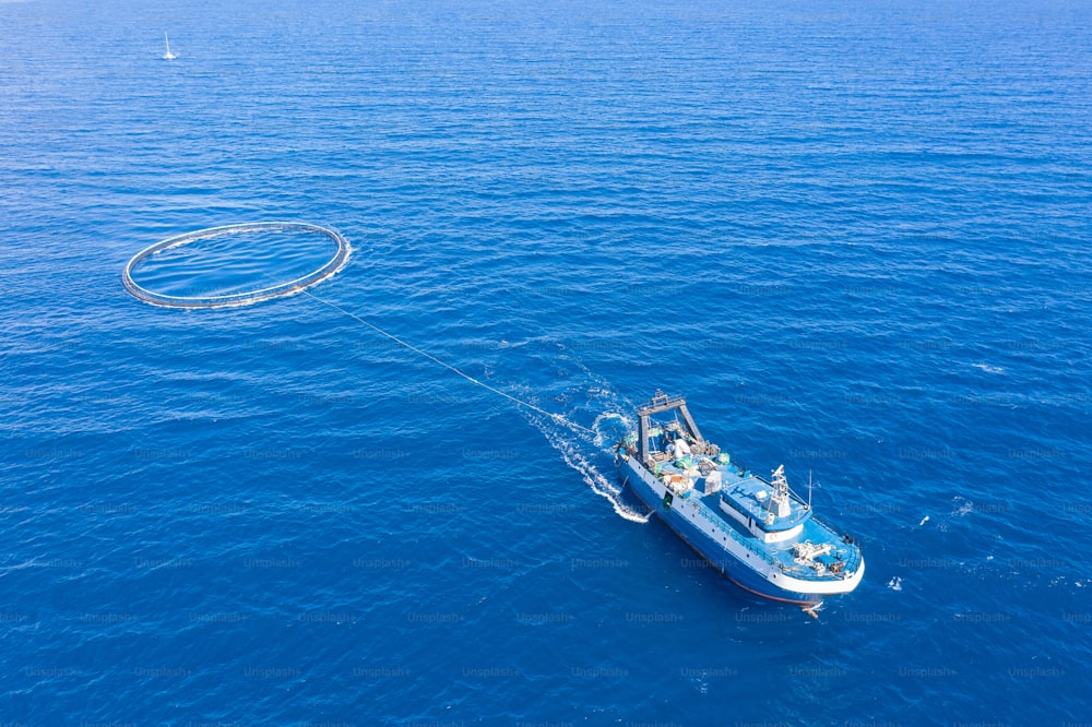 Fishing boat with special equipment for fishing, fish frame sails in the Mediterranean sea