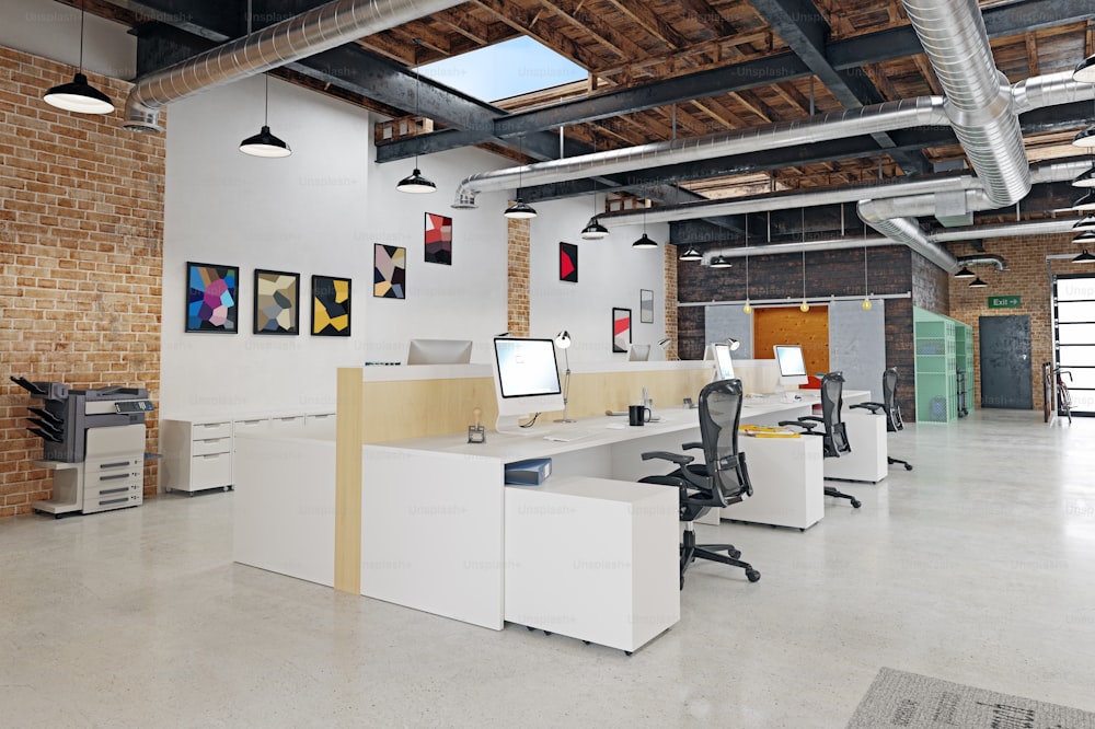 Modernes Loft-Bürointerieur. 3D-Rendering-Design-Konzept