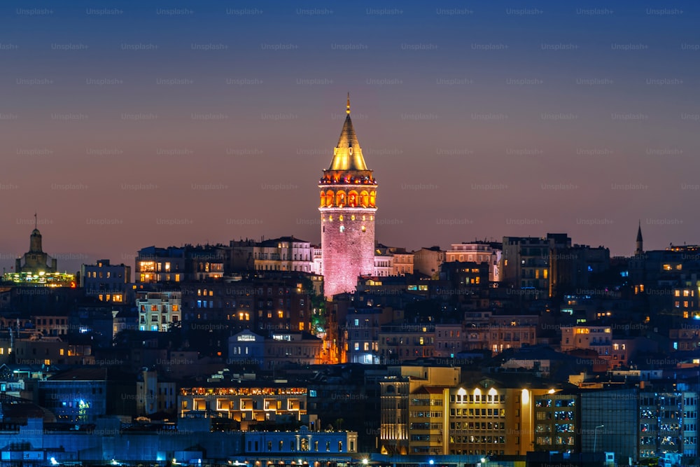 Galata Tower at night in Istanbul, Turkey.