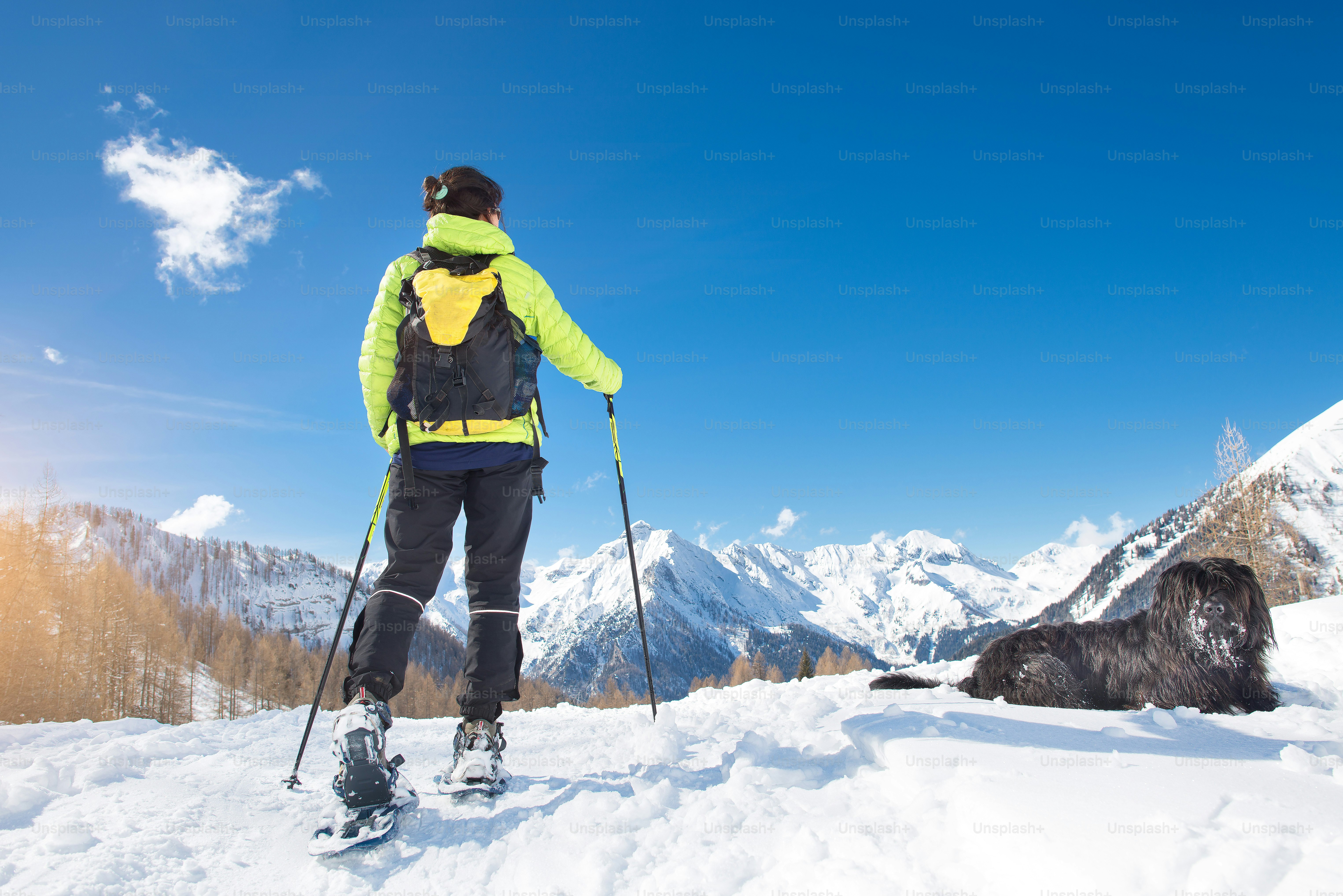 Girl during an excursion in the mountains on the snow with words of her dog.