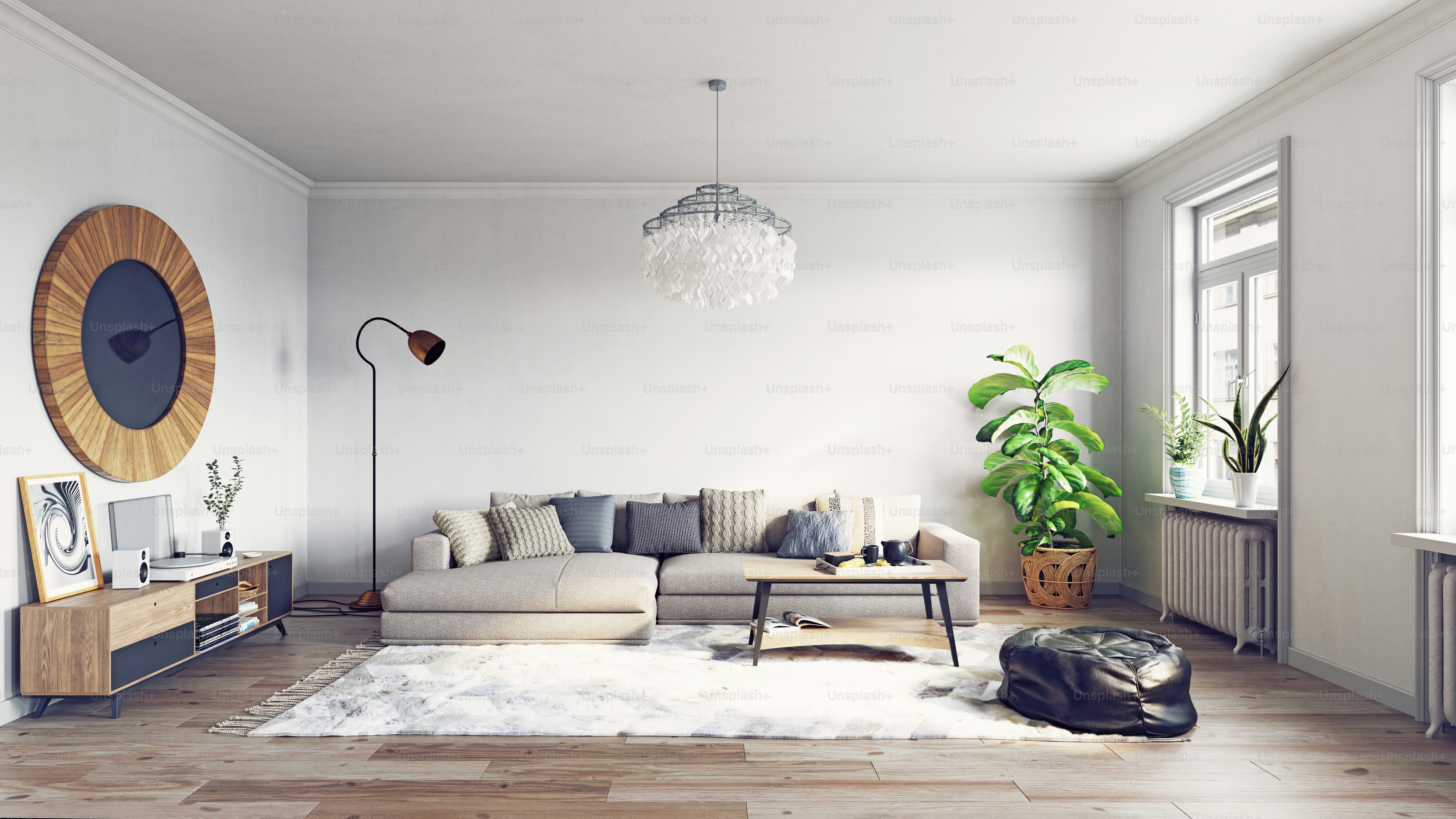 Modernes Wohn-Interior-Design. 3D-Konzeptillustration