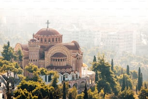 View of Greek Church of Saint Pavlos flying in the morning haze. Thessaloniki religious and travel attractions