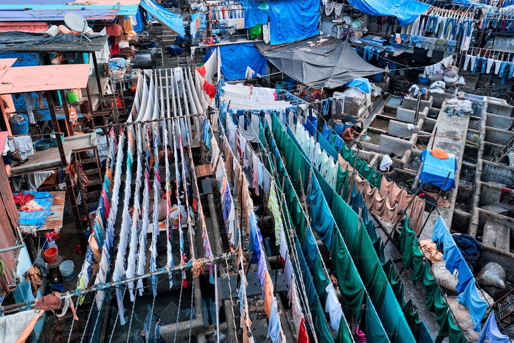 View of Dhobi Ghat (Mahalaxmi Dhobi Ghat) is world largest open air laundromat (lavoir) in Mumbai, India with laundry drying on ropes. Now one of signature landmarks and tourist attractions of Mumbai