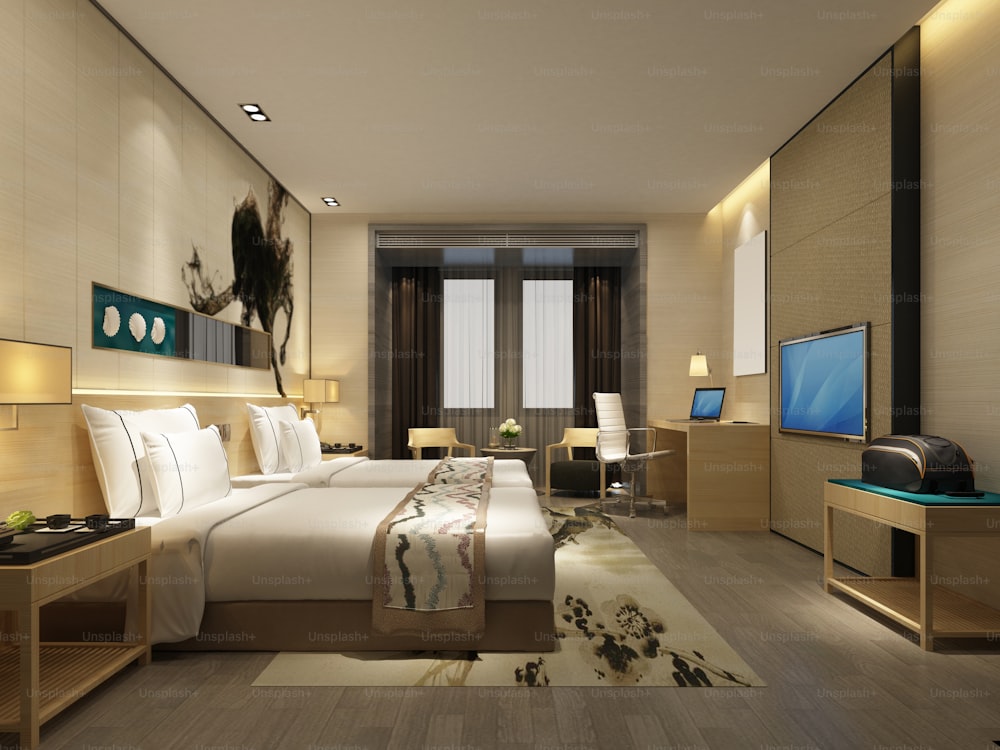 Render 3D Habitación de hotel moderna con dos camas