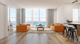 Interior moderno de la sala de estar con vistas al mar. Concepto de diseño de renderizado 3D
