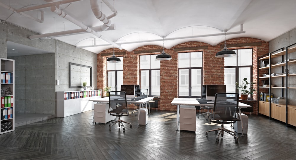 conceito moderno de design de interiores de escritório. Ideia de renderização 3D