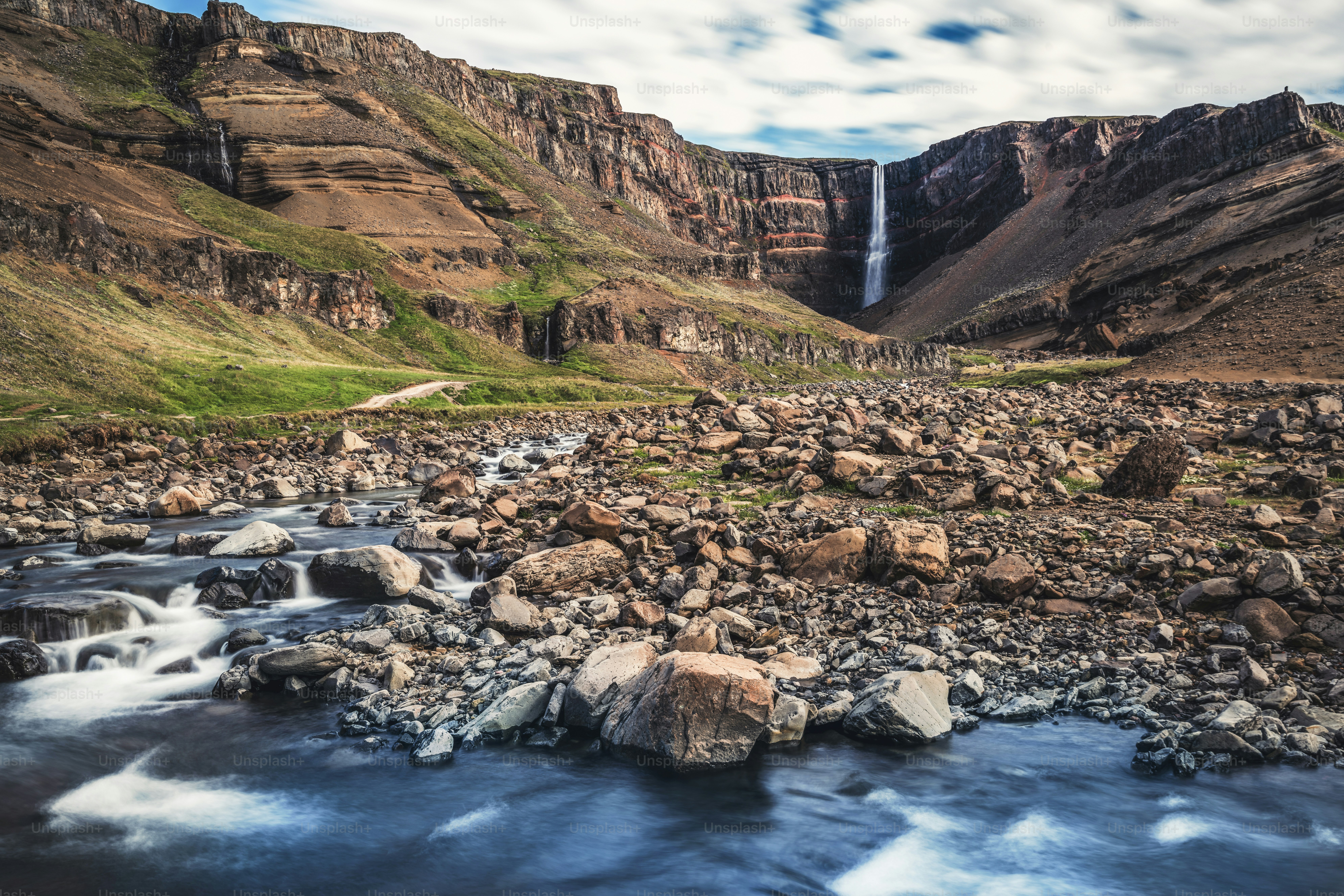 Beautiful Hengifoss Waterfall in Eastern Iceland. Nature travel landscape.