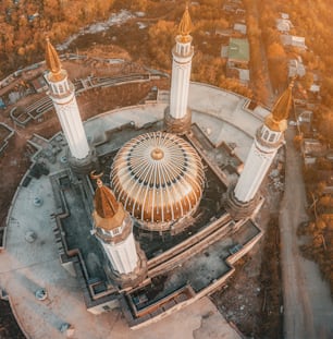 Aerial unusual view of minarets of a majestic mosque. Muslim and religion architecture concept