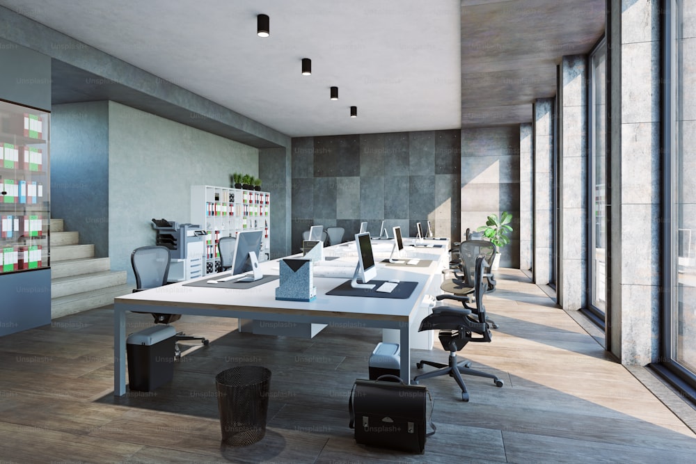 현대적인 �사무실 인테리어. 3d 렌더링 디자인 개념