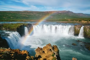 The Godafoss (Icelandic: waterfall of the gods) is a famous waterfall in Iceland. The breathtaking landscape of Godafoss waterfall attracts tourist to visit the Northeastern Region of Iceland.