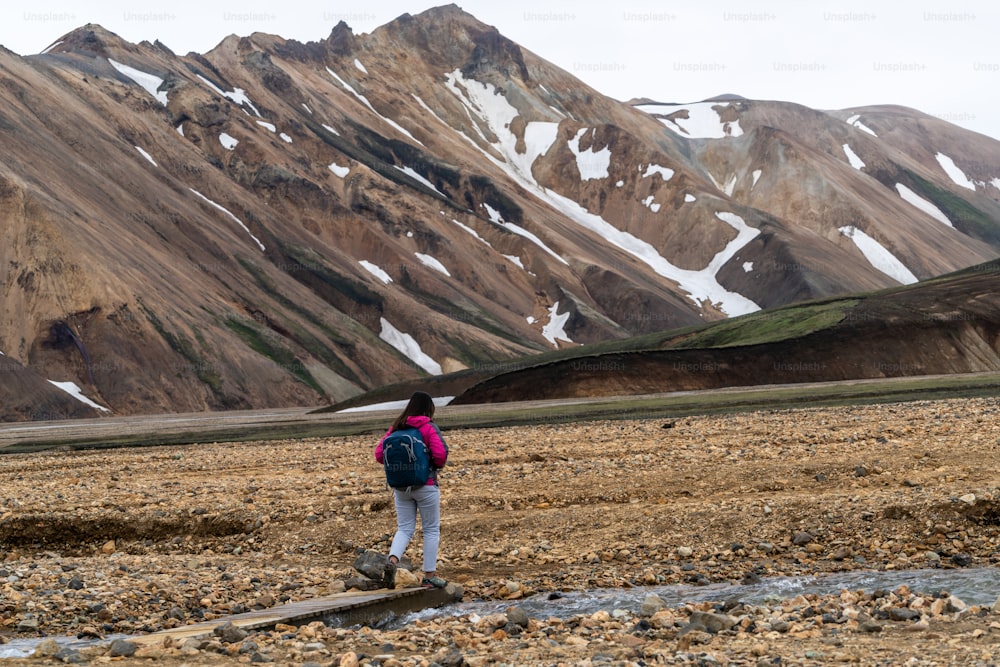 Traveler hiking at Landmannalaugar surreal nature landscape in highland of Iceland, Nordic, Europe. Beautiful colorful snow mountain terrain famous for summer trekking adventure and outdoor walking.