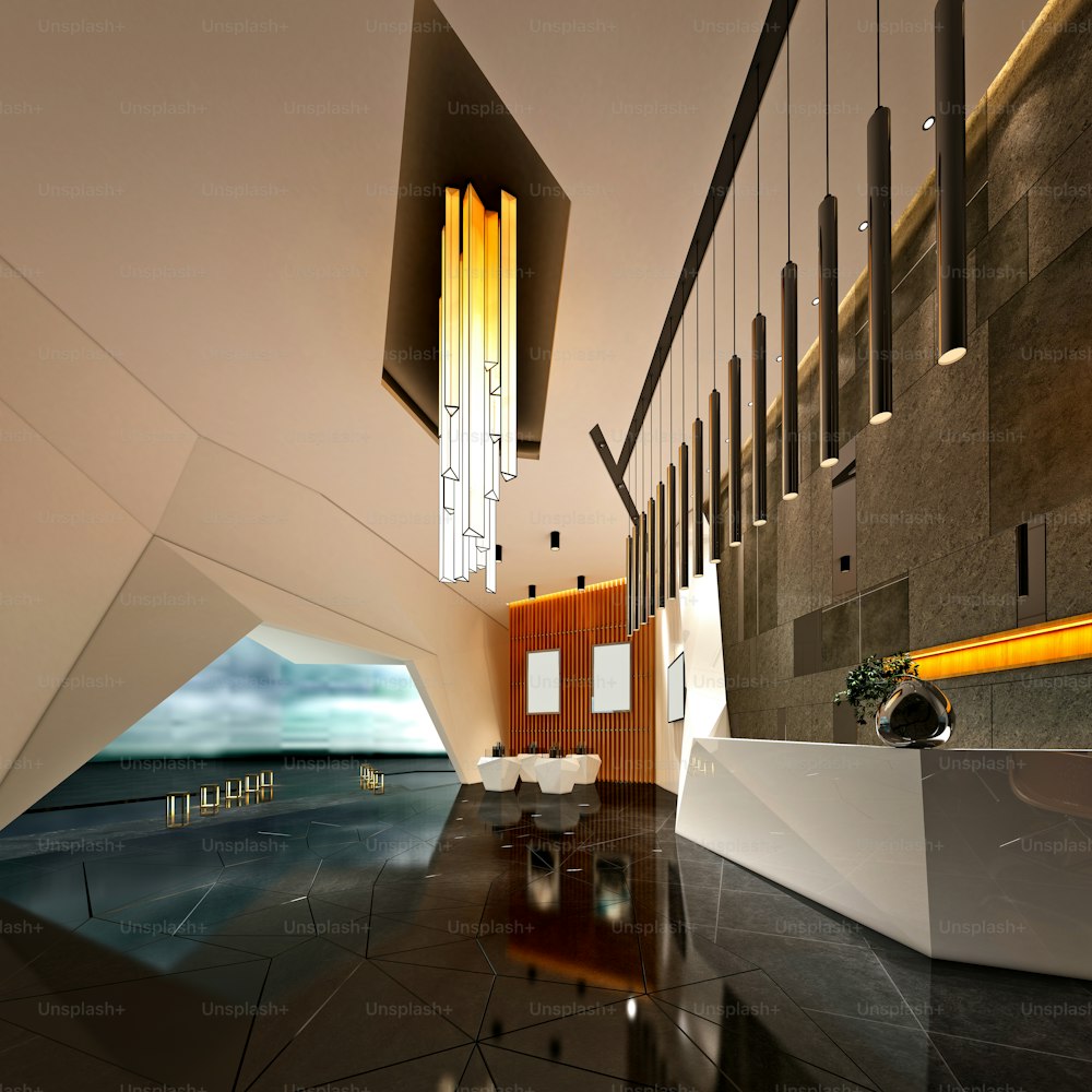 Rendu 3D de la salle de réception d’un hôtel de luxe
