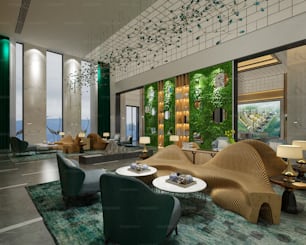 Renderizado 3D del vestíbulo del hotel de lujo y el espacio de los asientos