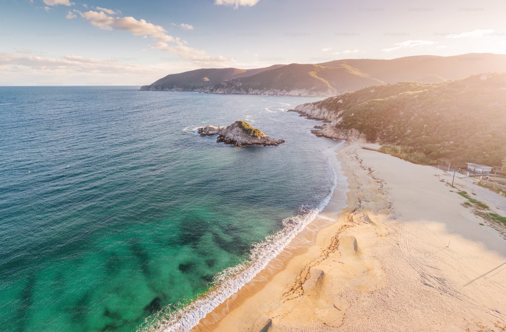 Aerial Seascape as vacation and resort background. Relaxation travel spots in Halkidiki, Greece