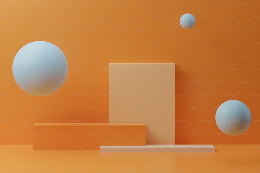 Bulles bleues et podium carré coloré sur fond orange. Rendu 3D avec des figures géométriques, design minimal. Arrière-plan abstrait