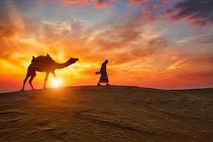 Cameleiro indiano (motorista de camelo) beduíno com silhuetas de camelo em dunas de areia do deserto de Thar ao pôr do sol. Caravana no Rajastão viagem turismo fundo aventura safári. Jaisalmer, Rajastão, Índia