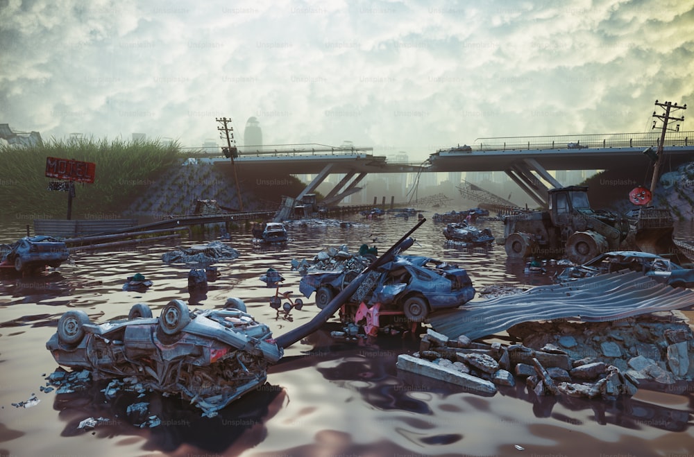 洪水に見舞われた都市の廃墟。黙示録的な風景.3dイラストのコンセプト