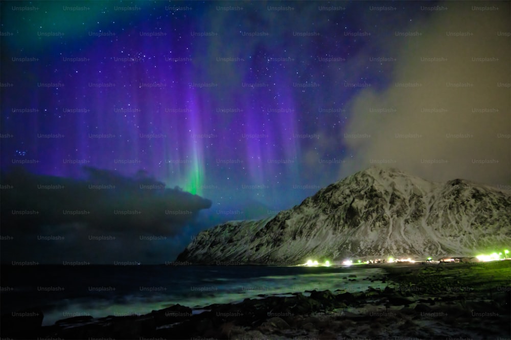 Aurora borealis northern lights in Vareid, Lofoten Islands, Norway