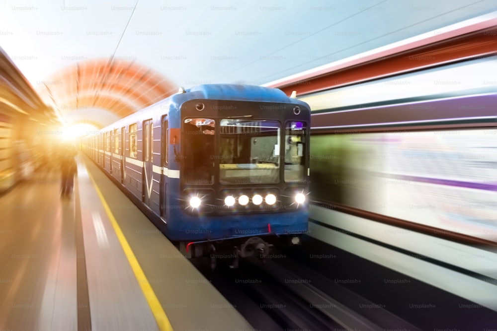 Train in subway metro train railway speed tunnel platform
