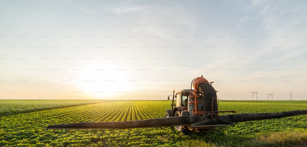 Tractor rociando pesticidas en el campo de soja con pulverizador en primavera