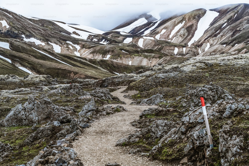 Landschaft von Landmannalaugar surreale Naturlandschaft im Hochland von Island, Skandinavien, Europa. Wunderschönes buntes Schneeberggelände, berühmt für Sommer-Trekking-Abenteuer und Outdoor-Wandern.