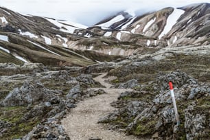 Landscape of Landmannalaugar surreal nature scenery in highland of Iceland, Nordic, Europe. Beautiful colorful snow mountain terrain famous for summer trekking adventure and outdoor walking.