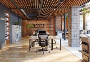 Interior de oficina loft contemporáneo. Concepto de diseño de renderizado 3D