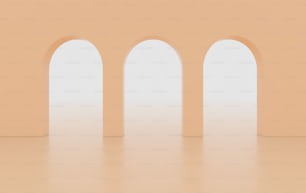 Renderização 3D. Arco corredor fundo geométrico simples, corredor arquitetônico, portal, colunas de arco dentro da parede vazia. Conceito minimalista moderno