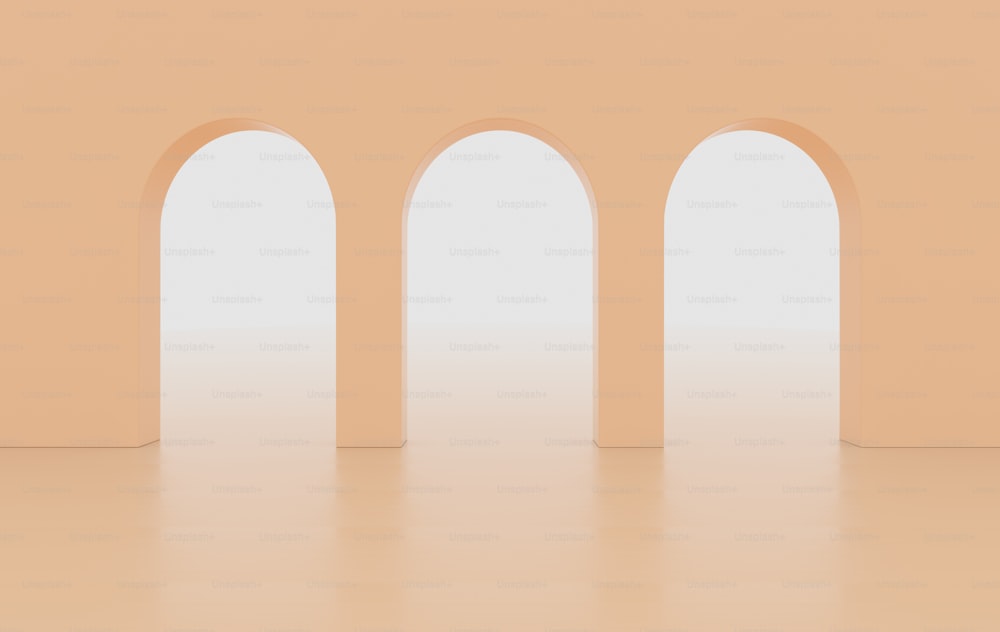 Rendering 3D. Corridoio ad arco sfondo geometrico semplice, corridoio architettonico, portale, colonne ad arco all'interno del muro vuoto. Concetto moderno e minimale