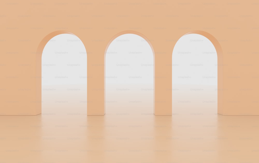 Rendu 3D. Couloir en arc fond géométrique simple, couloir architectural, portail, colonnes en arc à l’intérieur du mur vide. Concept minimaliste moderne