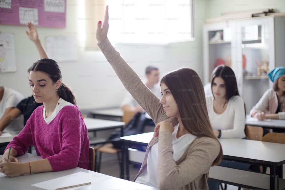 Lei è s o intelligente.  Gli studenti adolescenti seduti in classe alzano la mano. Ritratto di ragazza studentessa.
