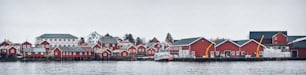 Panorama of Reine fishing village on Lofoten islands with red rorbu houses, pier and fishing boats in winter. Norway