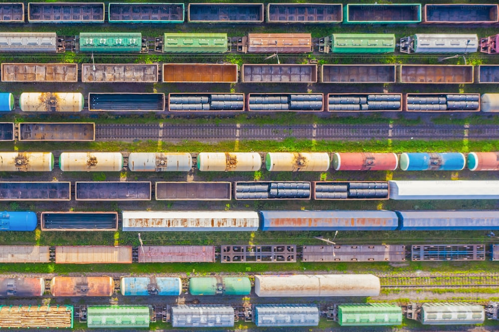 Aerial view Many freight and cargo trains at station