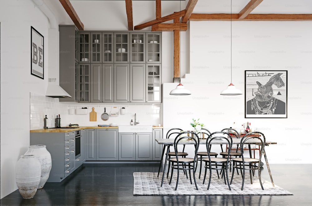 design interior moderno da cozinha loft. Conceito de renderização 3D