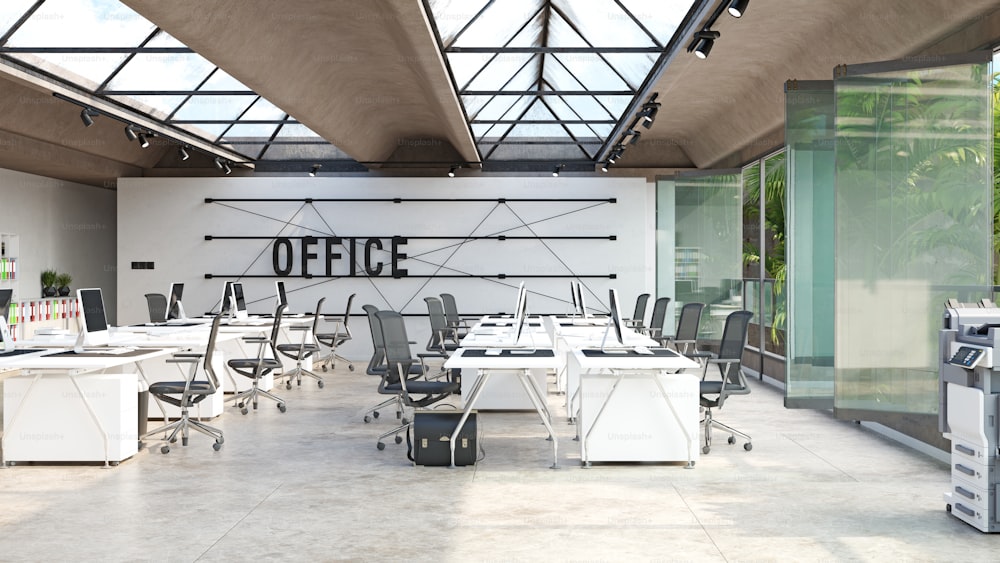 conceito moderno de design de interiores de escritório. Ideia de renderização 3D