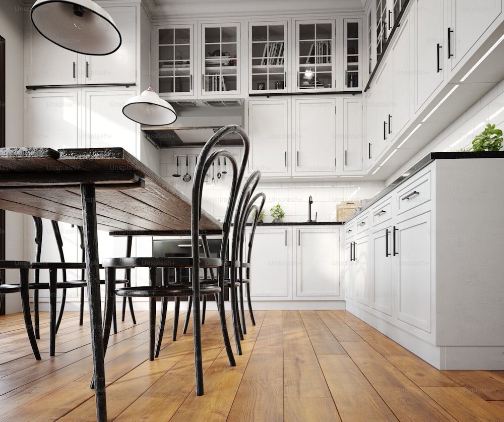 modern kitchen interior low view camera  position. 3d design concept illustration