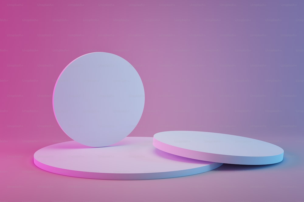 3d render of light circle podium on neon background. Abstract background with round pedestal. Empty stage for showing product