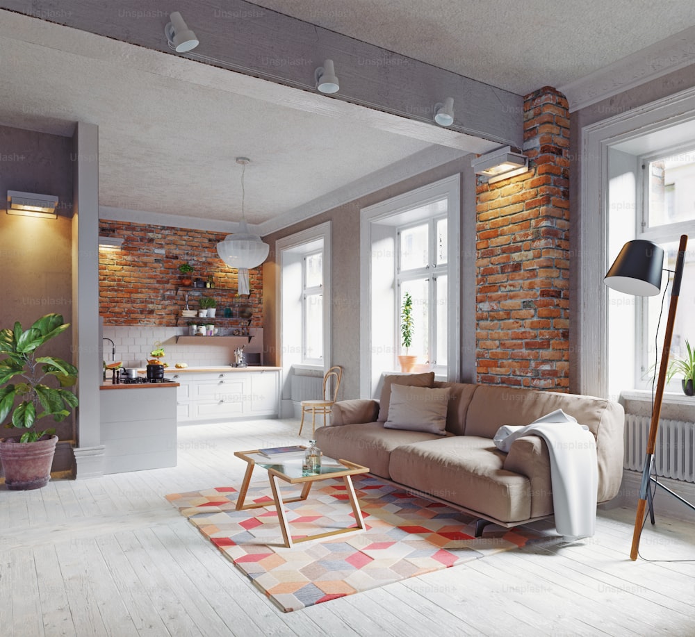 Interior de apartamento moderno. Diseño de estilo escandinavo. Concepto de renderizado 3D