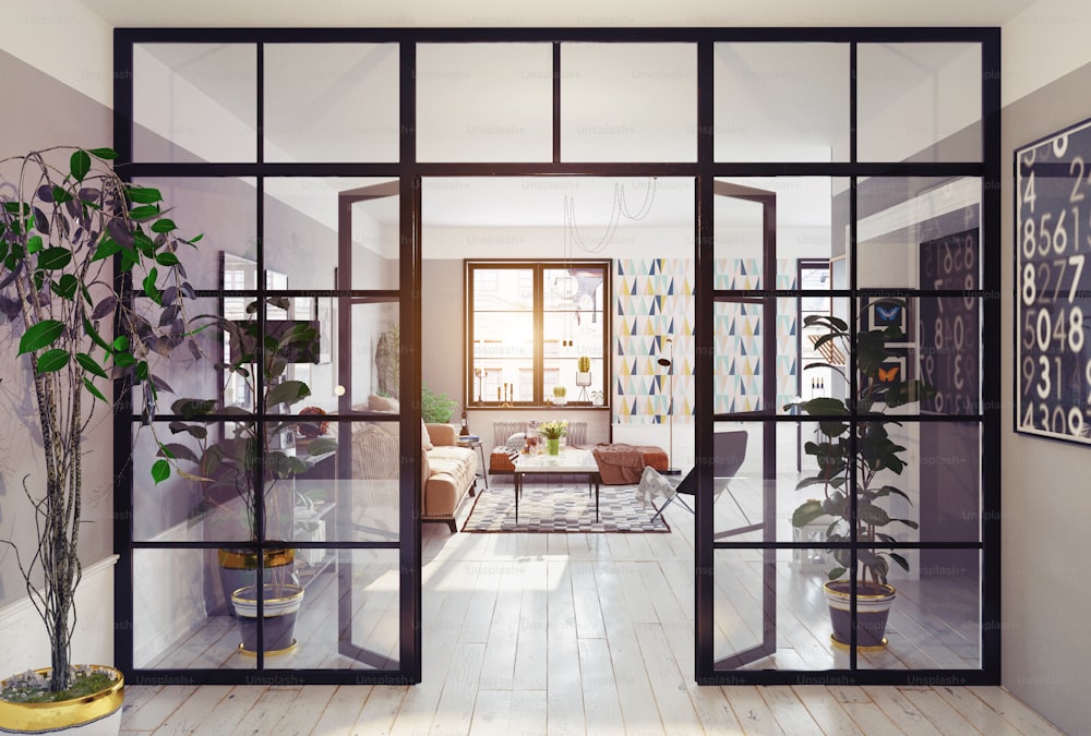 Interior de apartamento moderno. Concepto de mampara de vidrio 3D
