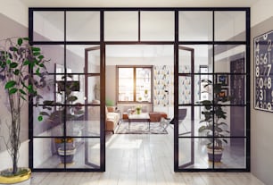 Modernes Apartment-Interieur. Glastrennwand 3D Konzept