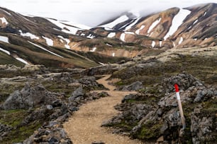 Landscape of Landmannalaugar surreal nature scenery in highland of Iceland, Nordic, Europe. Beautiful colorful snow mountain terrain famous for summer trekking adventure and outdoor walking.