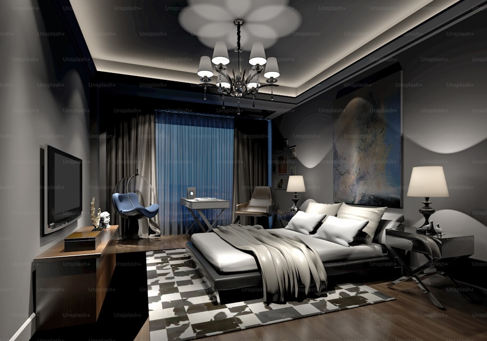 Renderização 3D do design do quarto de hotel
