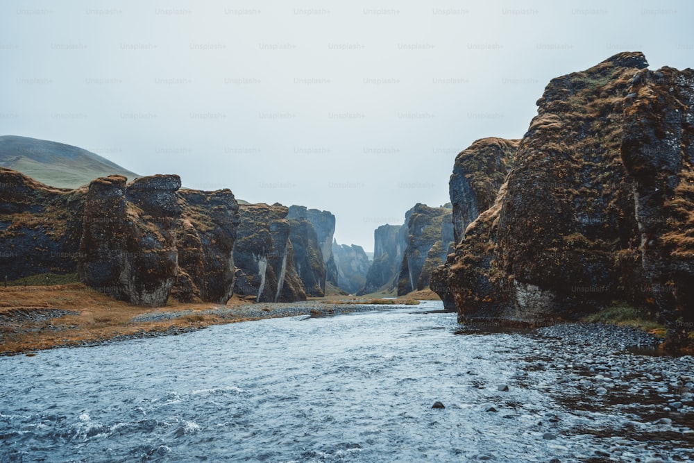 Unique landscape of Fjadrargljufur in Iceland. Top tourism destination. Fjadrargljufur Canyon is a massive canyon about 100 meters deep and about 2 kilometers long, located in South East of Iceland.